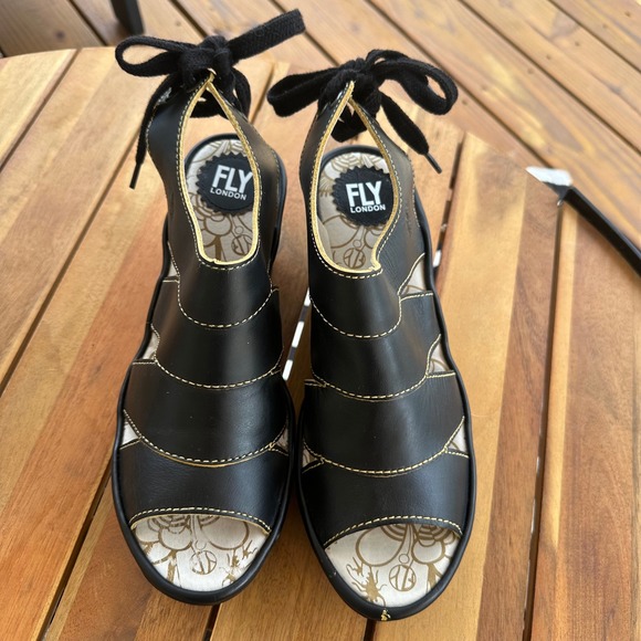 Fly London Black Leather Lace Up Wedge Platform Sandals Size 40 P500553006
